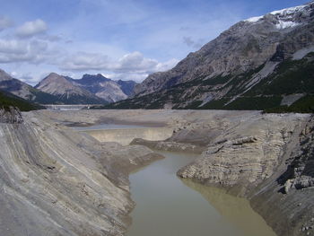 Scenic view of dam against cloudy sky