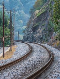 Railroad tracks amidst trees and mountains