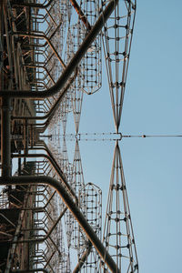 Low angle view of crane against sky