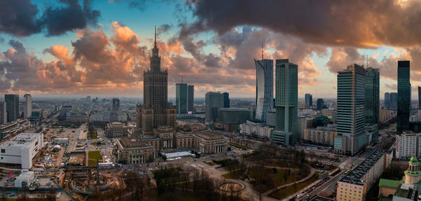 Aerial view of palace of culture and science and downtown business skyscrapers in warsaw