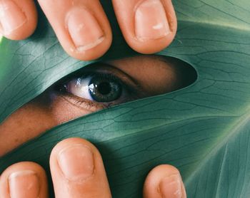 Close-up portrait of person looking through leaf