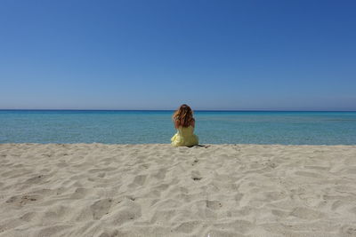 Rear view of man on beach against clear sky