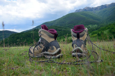 Hooded chairs on field against sky