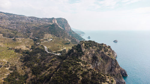 Aerial view of ancient ruins and a beautiful natural bay