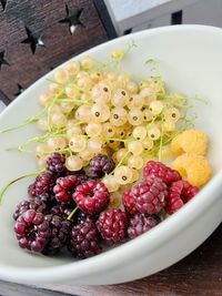 High angle view of strawberries in bowl on table