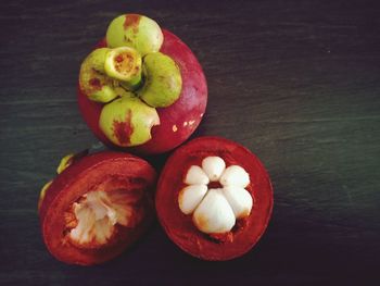 High angle view of apples on table