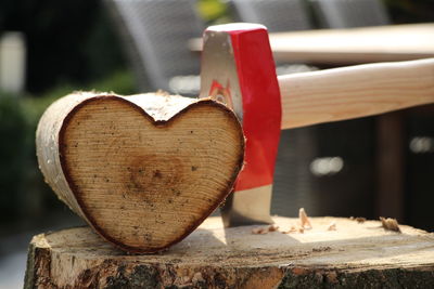 Close-up of heart shape log