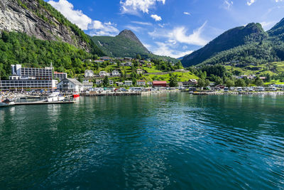 View of the geiranger village at the head of geirangerfjord, norway