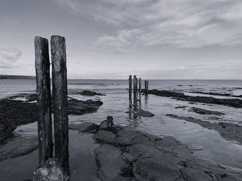 Wooden posts on beach against sky