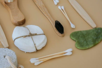 Natural skin care products on neutral beige background, flat lay. concept of organic, zero waste