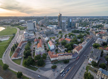 High angle view of cityscape against sky during sunset