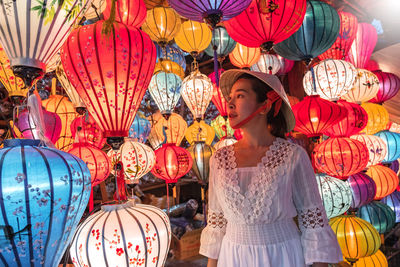 Full frame shot of illuminated lanterns in market