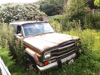 Abandoned car on field