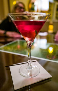 Close-up of beer in glass on table