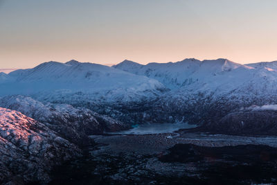 Scenic view of snowcapped mountains against sky during sunset