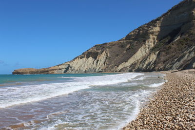 Scenic view of sea against clear blue sky