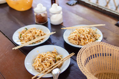 High angle view of food served on table