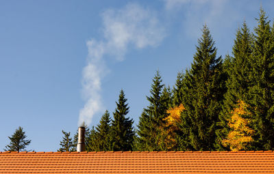 Low angle view of house and trees against sky