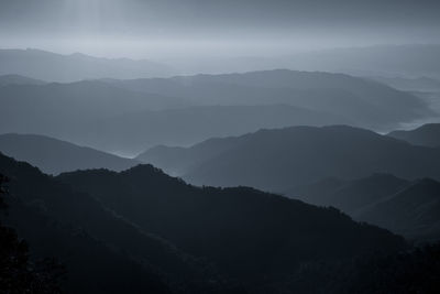 Scenic view of silhouette mountains against sky