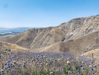 Scenic view of mountains against clear blue sky