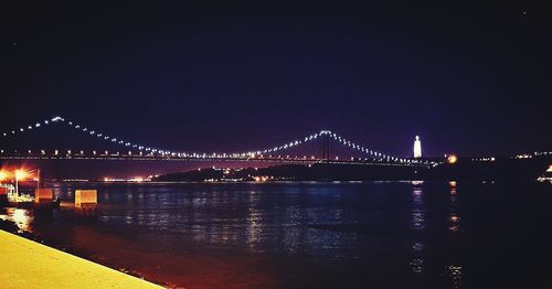 Illuminated bridge over river against sky at night