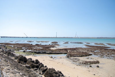 Scenic view of sea against clear blue sky