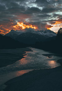 Scenic view of mountains against sky during sunset