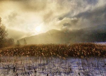 Panoramic view of landscape against sky during sunset