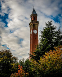 Low angle view of clock tower against cloudy sky