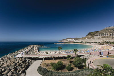 Panoramic view of sea against clear blue sky