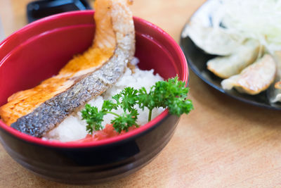 Close-up of food in plate on table