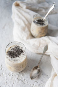 High angle view of drink in jar on table