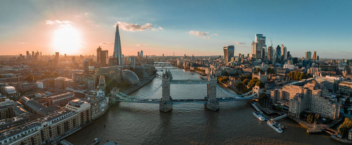 Aerial view of the london tower bridge at sunset.