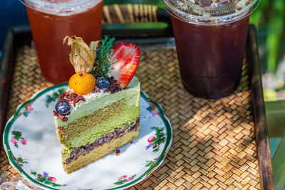 Close-up of cake served on table