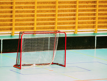 Floor hockey gate on empty court. the gate without goalkeeper or ball and sticks. active sport kids 