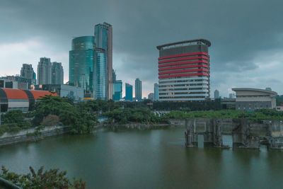 Buildings by river against sky in city