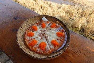 High angle view of pizza on table