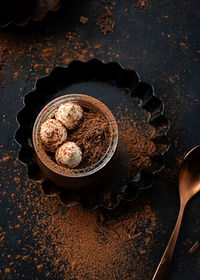 High angle view of chocolate cake on table