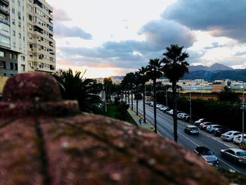 Road amidst trees and buildings against sky