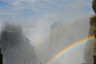 Scenic view of rainbow over mountains against sky