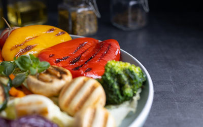 Close-up of fish served in plate on table