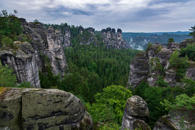 Scenic view of rocky mountain against cloudy sky