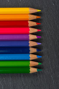 Close-up of multi colored pencils on table