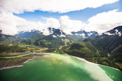 Aerial view of the stave river flowing into stave lake, mission, b.c.