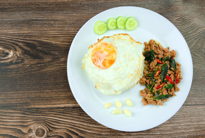 High angle view of breakfast served on table