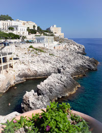 Scenic view of sea by buildings against sky