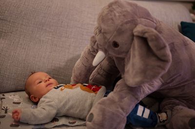 Portrait of newborn baby with stuffed toy