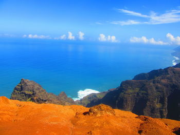 Scenic view of sea against blue sky