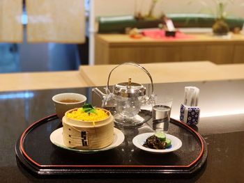 High angle view of various food on table