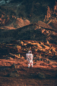 Woman standing on rock against mountain